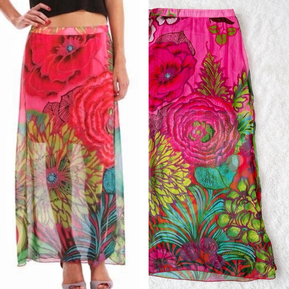 Desigual Woman Multicolour Floral Lined Sheer Maxi Skirt EU36 Bohemian Vacation
